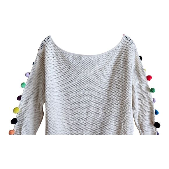 ANTHROPOLOGIE Women's S Sweater Cream with Multicolor Pom Poms Cotton Blend 34" - Picture 5 of 8